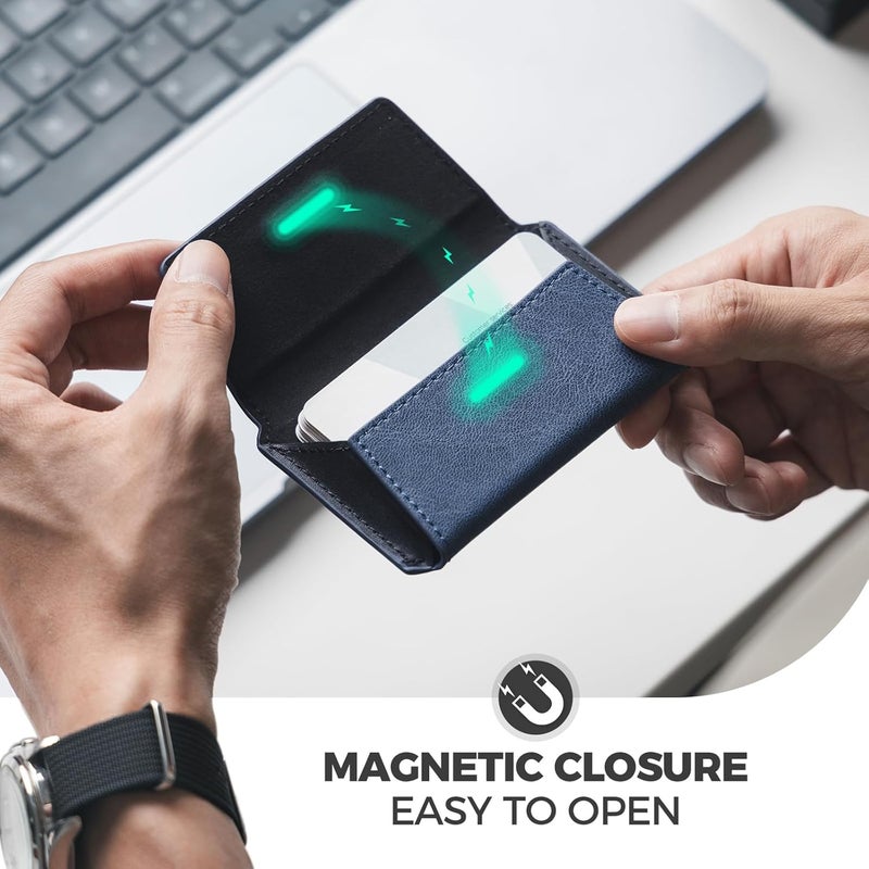 VULKIT حافظة بطاقات العمل الجلدية للرجال، محفظة بطاقات عمل نحيفة، حافظة بطاقات الاسم، تحمل 20 بطاقة عمل، لون أزرق - Image 4